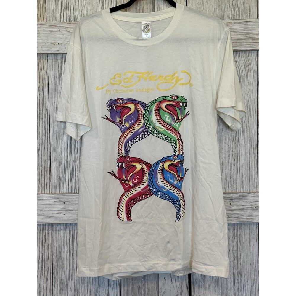 Ed Hardy Snakes Men's White T-shirt Size L Damaged Tee Y2K Grunge Streetwear NWT